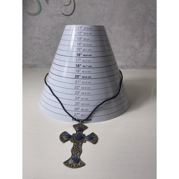 Silver Cross Pendant Necklace With Blue Stone Accents On Black Cord - Picture 3 of 5